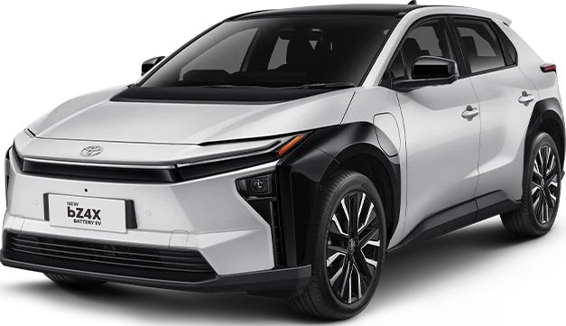 Tampak unit Toyota bZ4X warna Platinum White Pearl, 1 varian tersedia, referensi promo bz4x